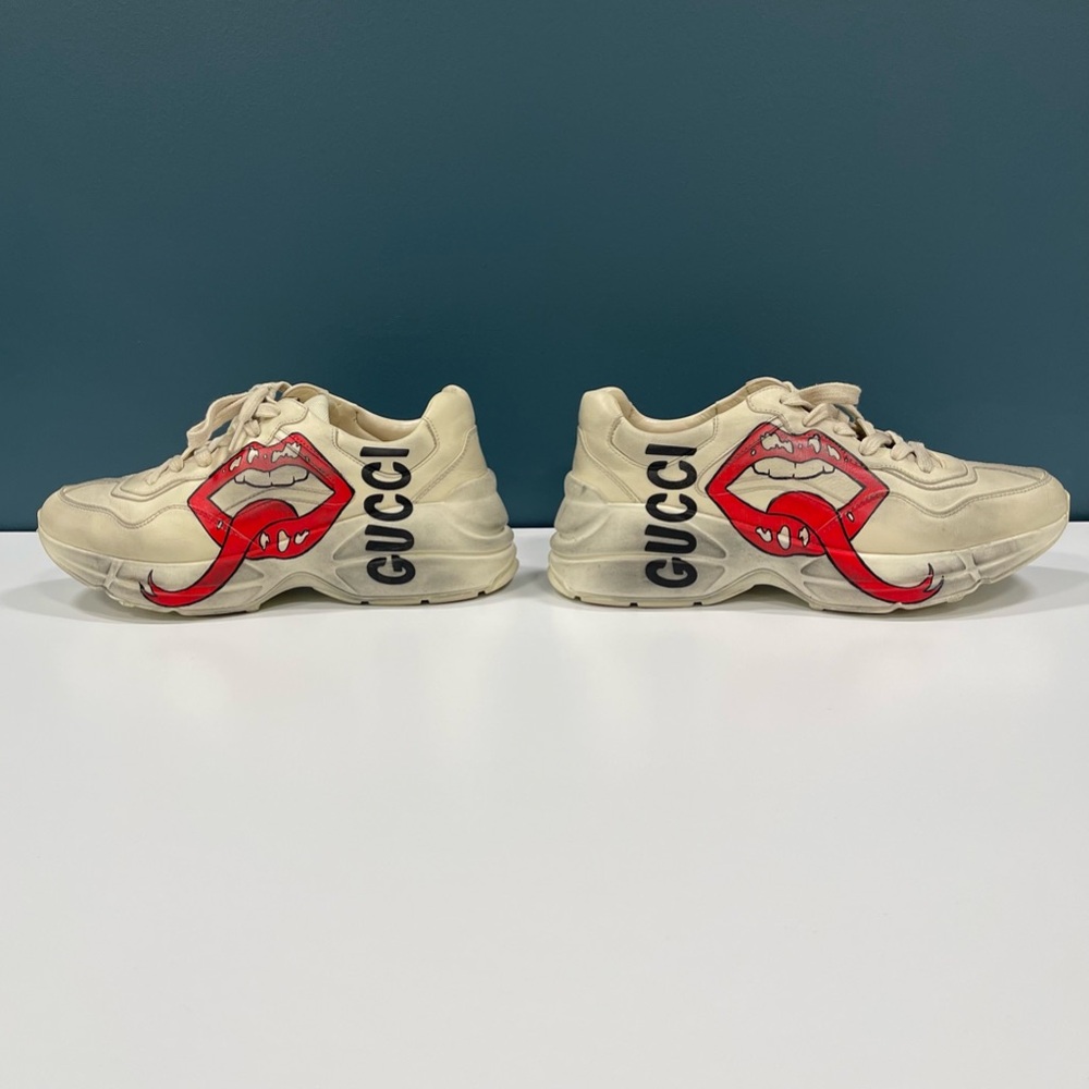 Gucci Ryton Vintage-Look Off-White Black Red Sneakers w Lips Logo SZ 38.5 /W 8.5 - Picture 6 of 16